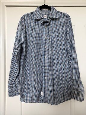 Peter Millar Men’s 100% Cotton Check Dress Shirt Blue White Size L